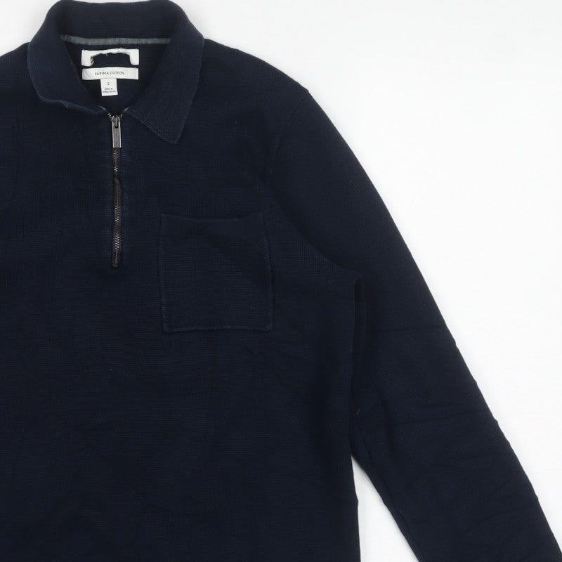 Marks and Spencer Men’s Blue Supima Cotton S Half Zip Collared Jumper