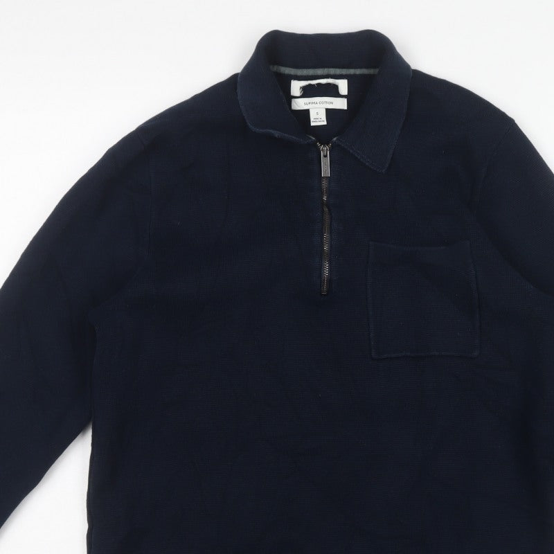 Marks and Spencer Men’s Blue Supima Cotton S Half Zip Collared Jumper
