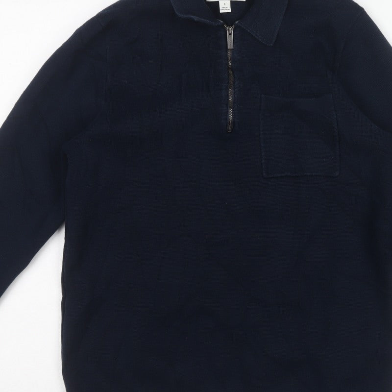 Marks and Spencer Men’s Blue Supima Cotton S Half Zip Collared Jumper