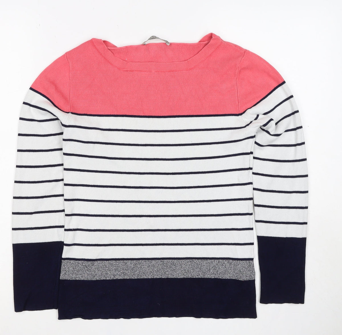 Oasis Women’s S Pink Navy Stripe Rib Knit Long Sleeve Basic Top