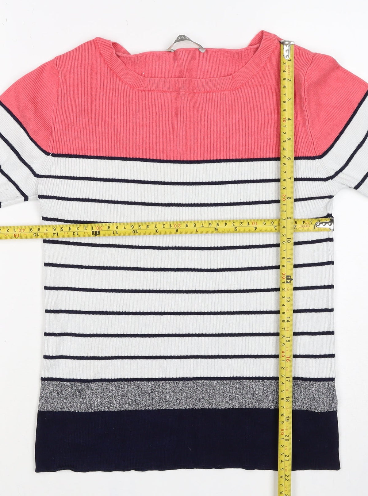 Oasis Women’s S Pink Navy Stripe Rib Knit Long Sleeve Basic Top