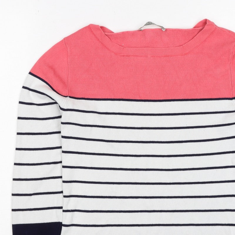 Oasis Women’s S Pink Navy Stripe Rib Knit Long Sleeve Basic Top