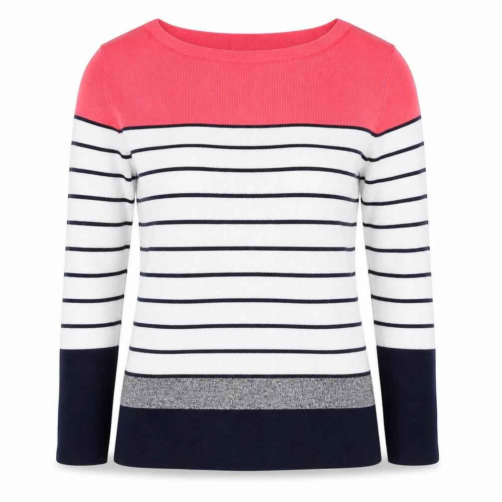 Oasis Women’s S Pink Navy Stripe Rib Knit Long Sleeve Basic Top