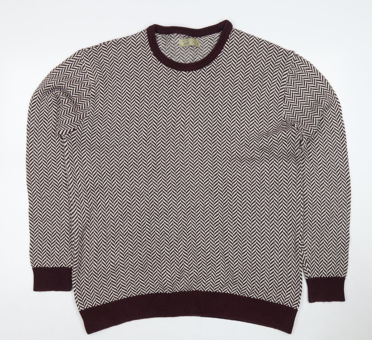 Next Men's Burgundy Cream Large Herringbone Crew Neck Knit Pullover Jumper