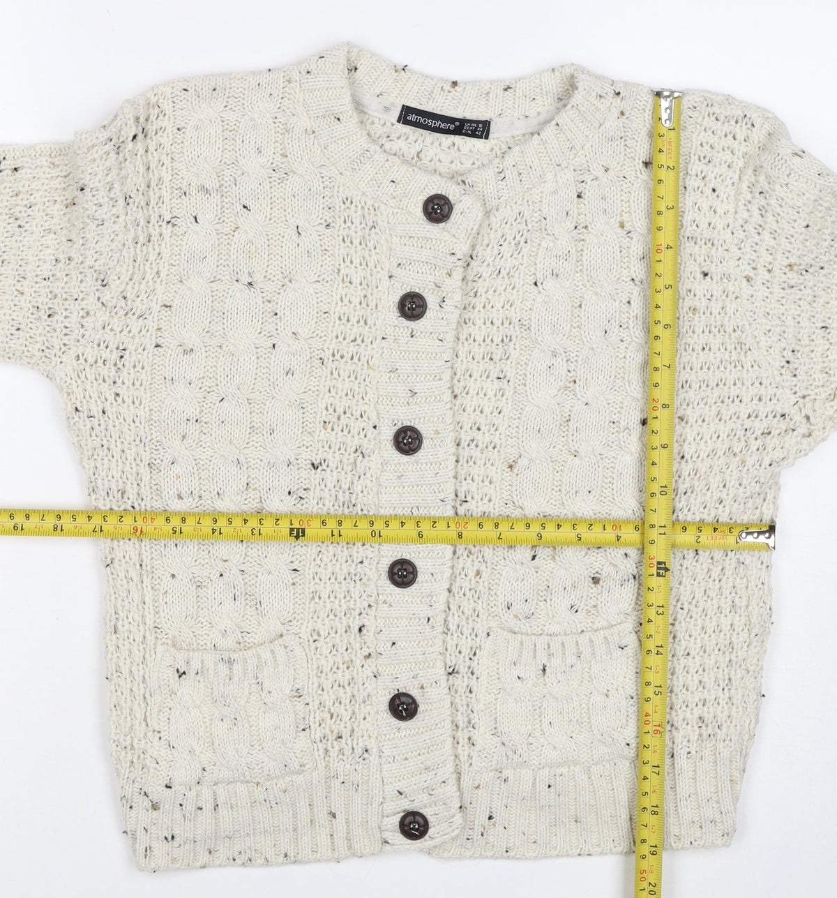Atmosphere Women’s Ivory UK 14 Cable Knit Button Cardigan Pockets