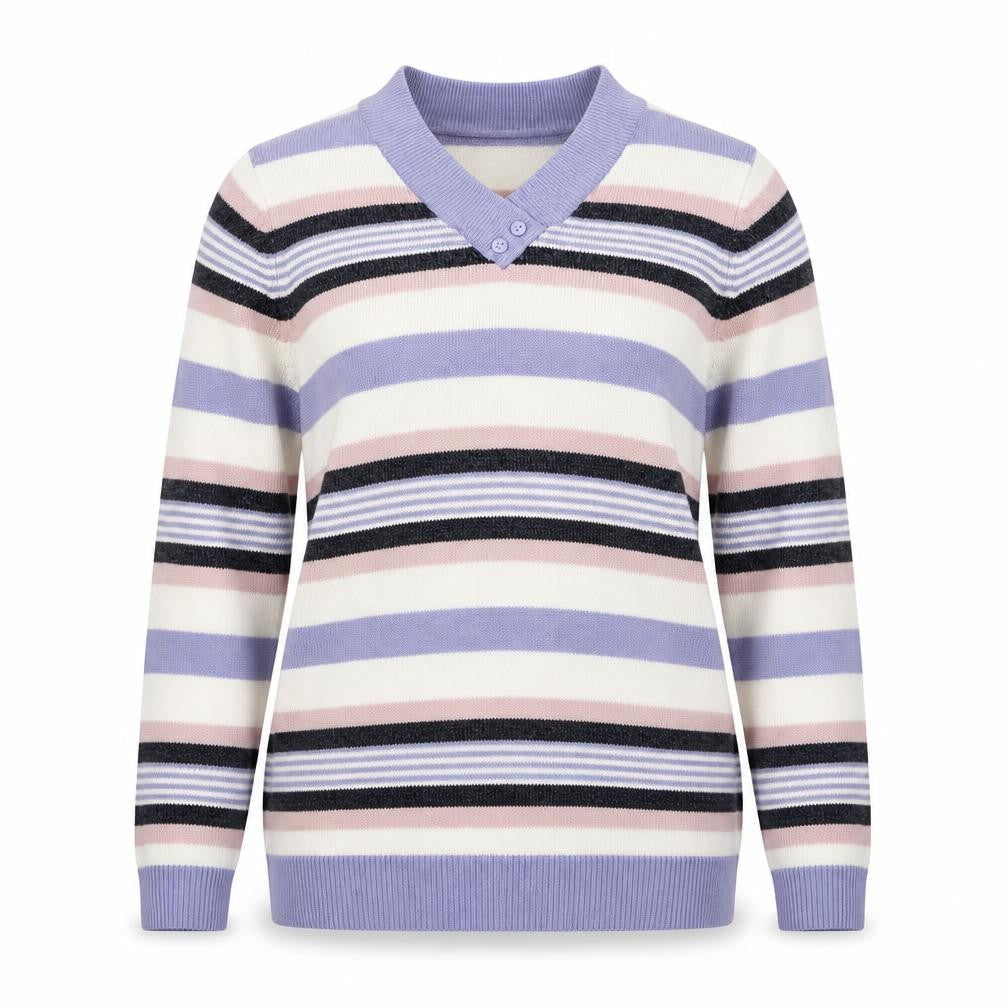 Isle Essentials Women’s Lilac Stripe Henley Jumper UK 14-16 Acrylic