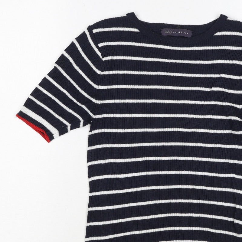 Marks and Spencer Women Blue Stripe Ribbed Jersey Top UK 12 Short Sleeve
