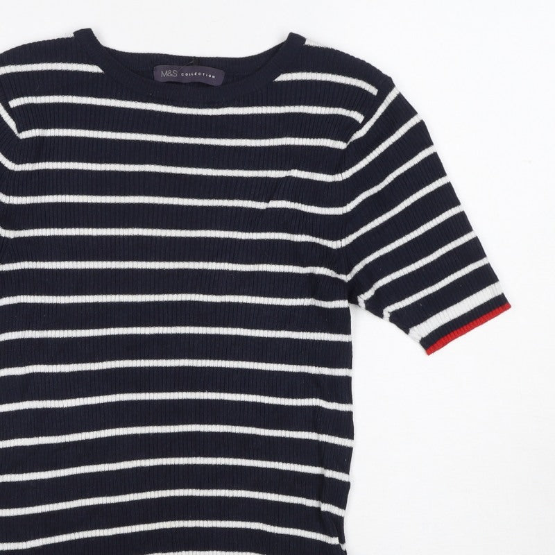 Marks and Spencer Women Blue Stripe Ribbed Jersey Top UK 12 Short Sleeve