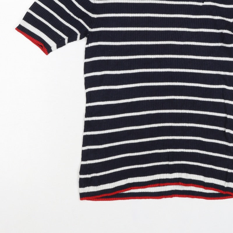 Marks and Spencer Women Blue Stripe Ribbed Jersey Top UK 12 Short Sleeve