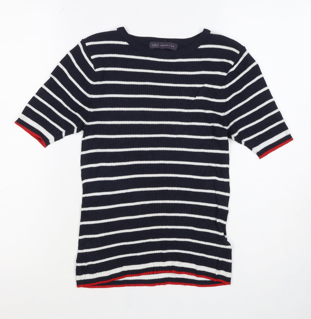 Marks and Spencer Women Blue Stripe Ribbed Jersey Top UK 12 Short Sleeve