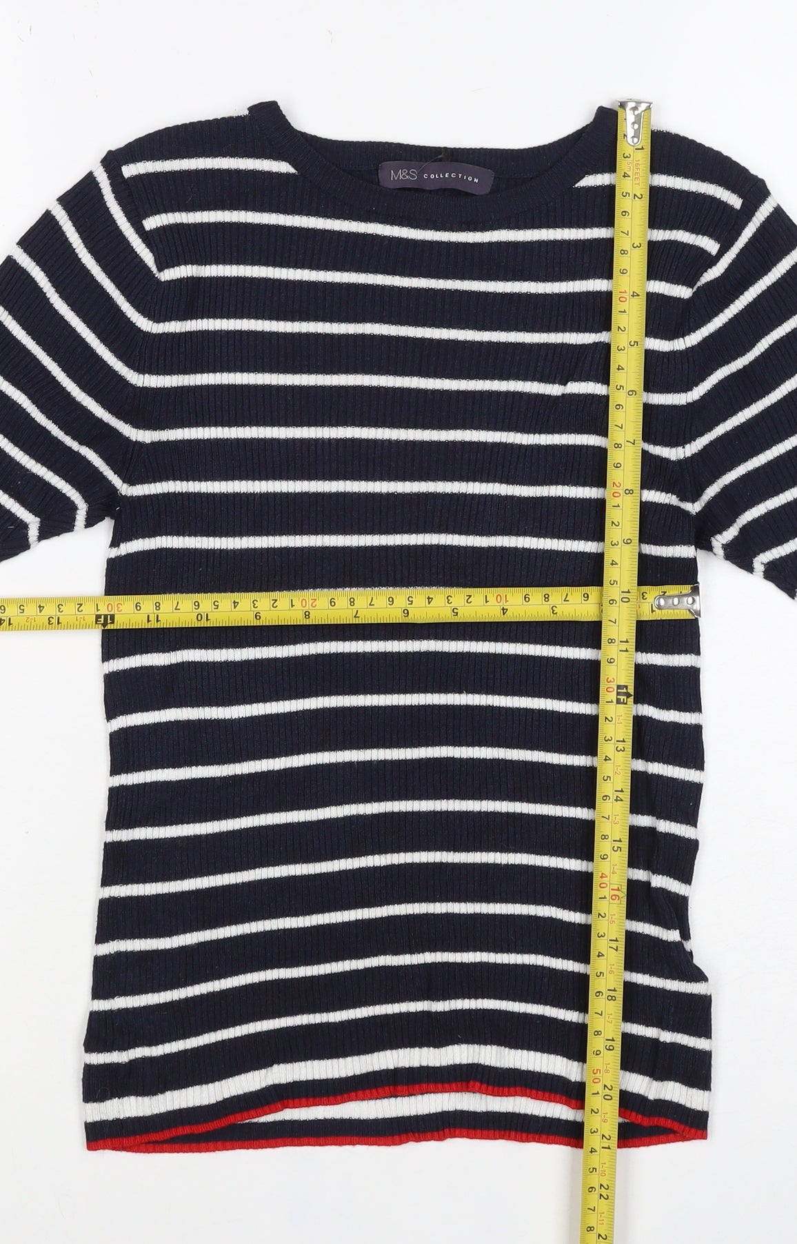 Marks and Spencer Women Blue Stripe Ribbed Jersey Top UK 12 Short Sleeve