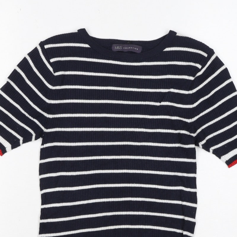 Marks and Spencer Women Blue Stripe Ribbed Jersey Top UK 12 Short Sleeve