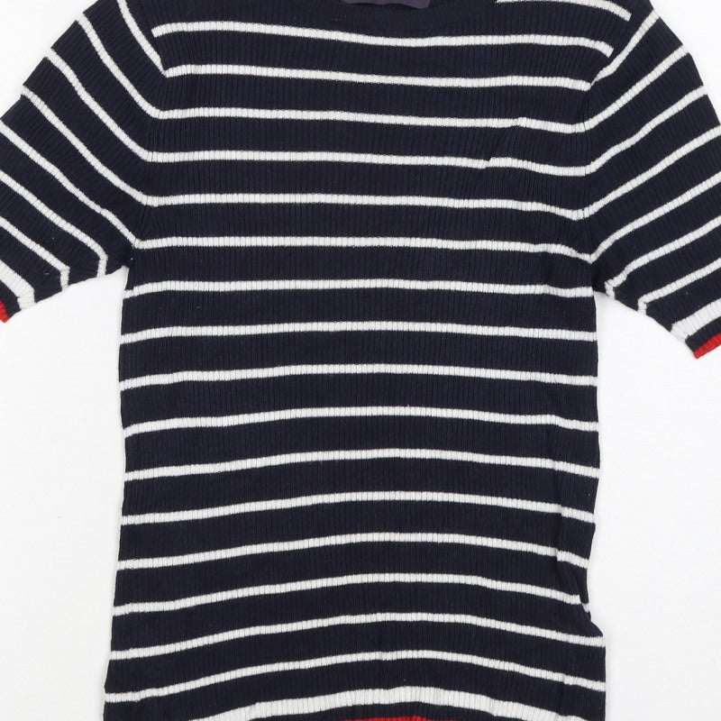 Marks and Spencer Women Blue Stripe Ribbed Jersey Top UK 12 Short Sleeve