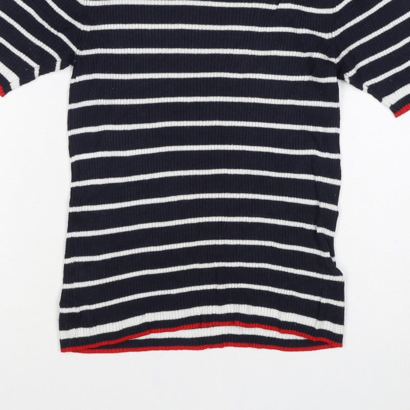 Marks and Spencer Women Blue Stripe Ribbed Jersey Top UK 12 Short Sleeve
