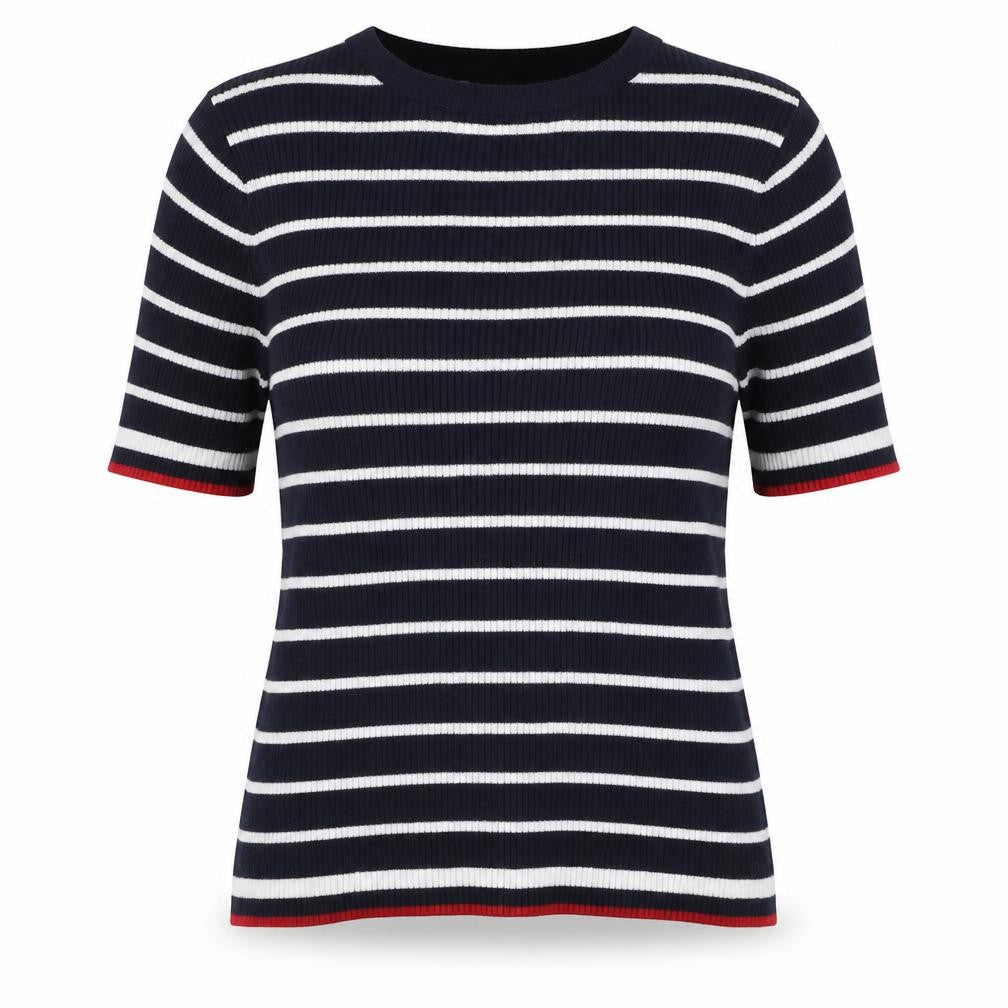Marks and Spencer Women Blue Stripe Ribbed Jersey Top UK 12 Short Sleeve