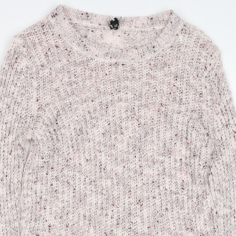 Bershka Women Ivory Pink Fleck S Open Knit Round Neck Jumper