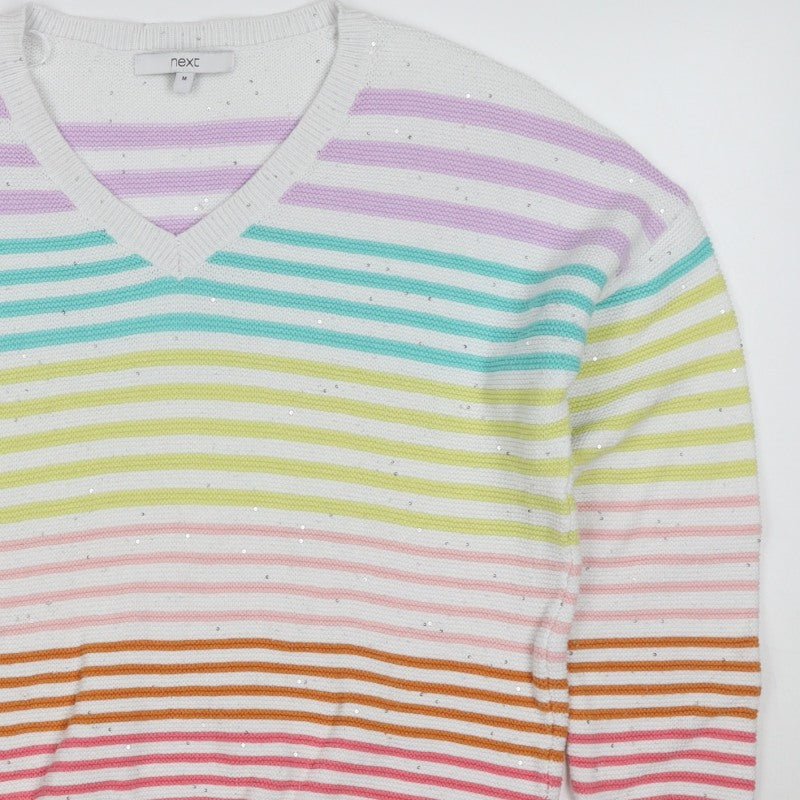 Next Women’s Multicoloured Striped Sequin V-Neck Cotton Jumper M