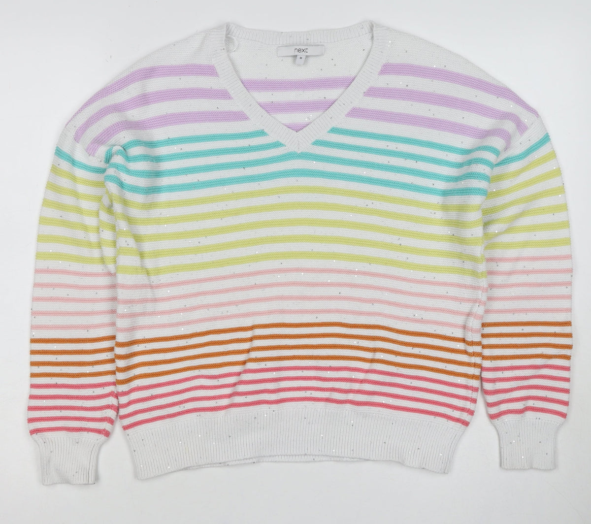 Next Women’s Multicoloured Striped Sequin V-Neck Cotton Jumper M