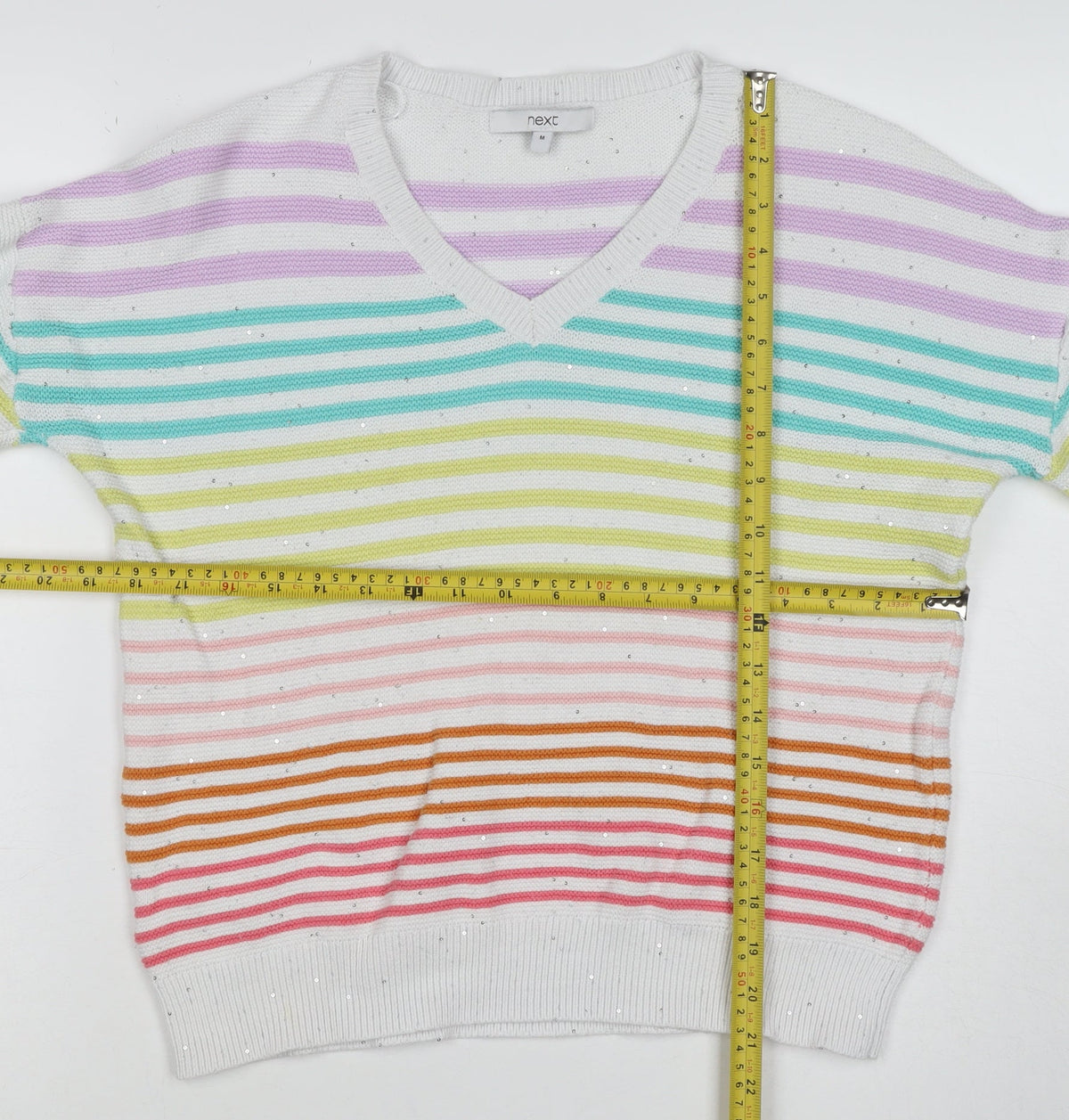 Next Women’s Multicoloured Striped Sequin V-Neck Cotton Jumper M