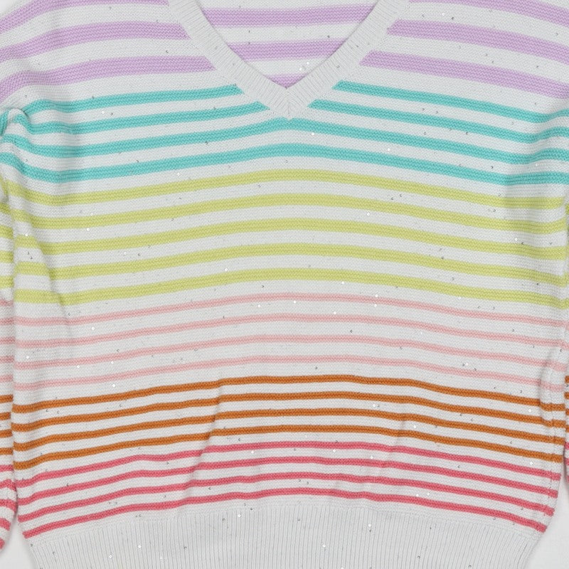 Next Women’s Multicoloured Striped Sequin V-Neck Cotton Jumper M