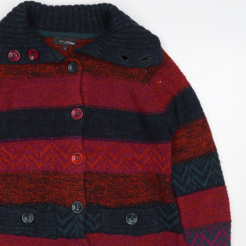 Per Una Women Multicoloured M Button High Neck Chunky Knit Cardigan