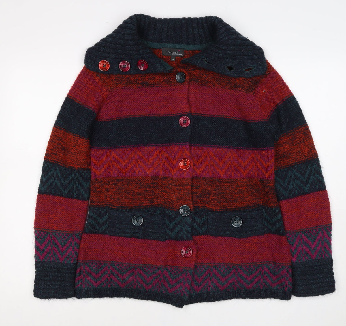 Per Una Women Multicoloured M Button High Neck Chunky Knit Cardigan