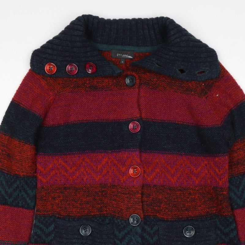 Per Una Women Multicoloured M Button High Neck Chunky Knit Cardigan