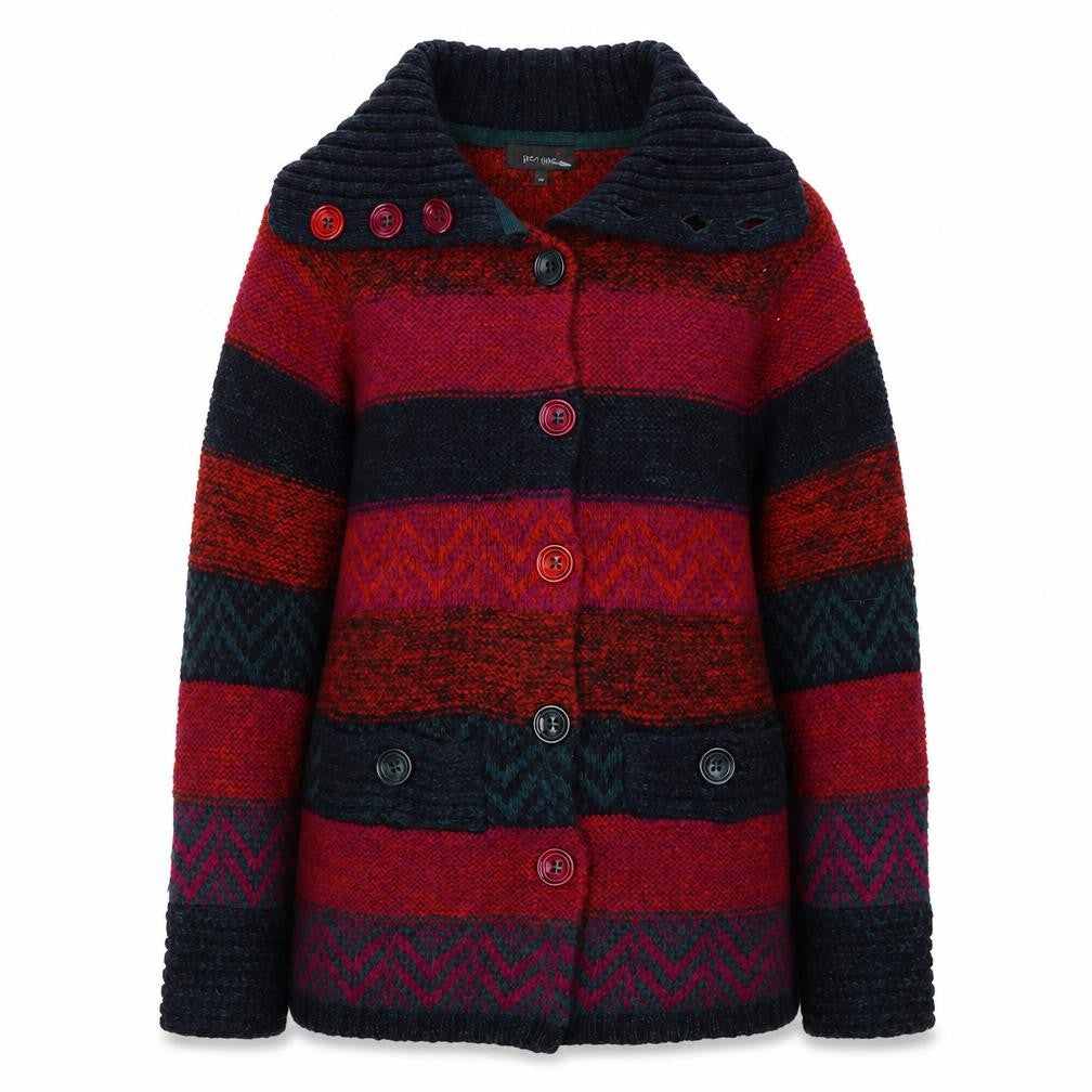 Per Una Women Multicoloured M Button High Neck Chunky Knit Cardigan