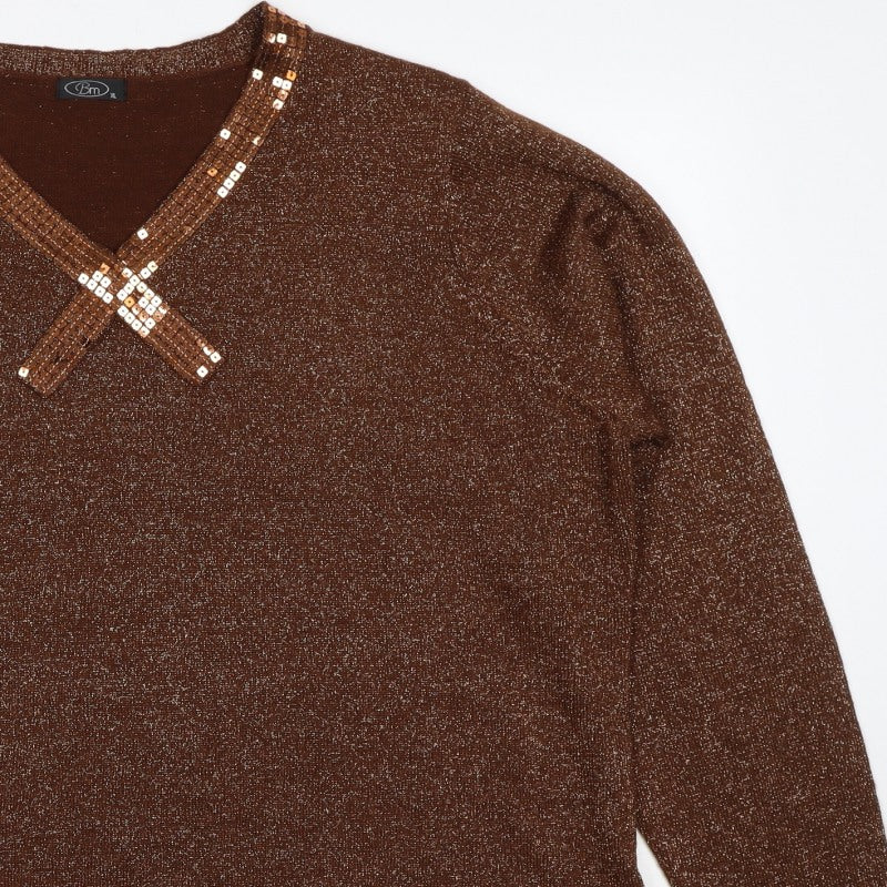 Bm Women’s Brown Metallic Sequin V-Neck Knit Jumper XL