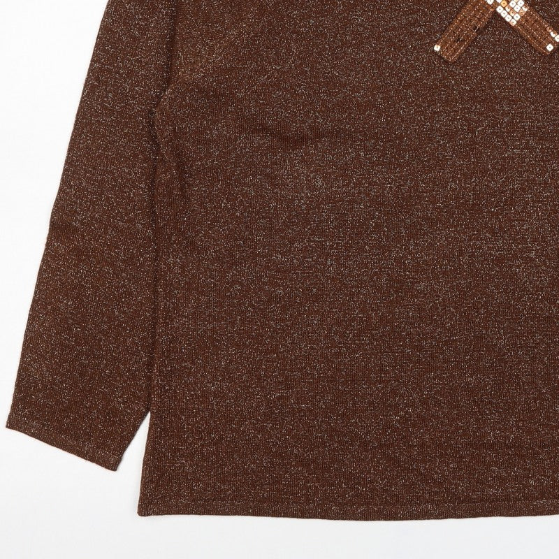 Bm Women’s Brown Metallic Sequin V-Neck Knit Jumper XL