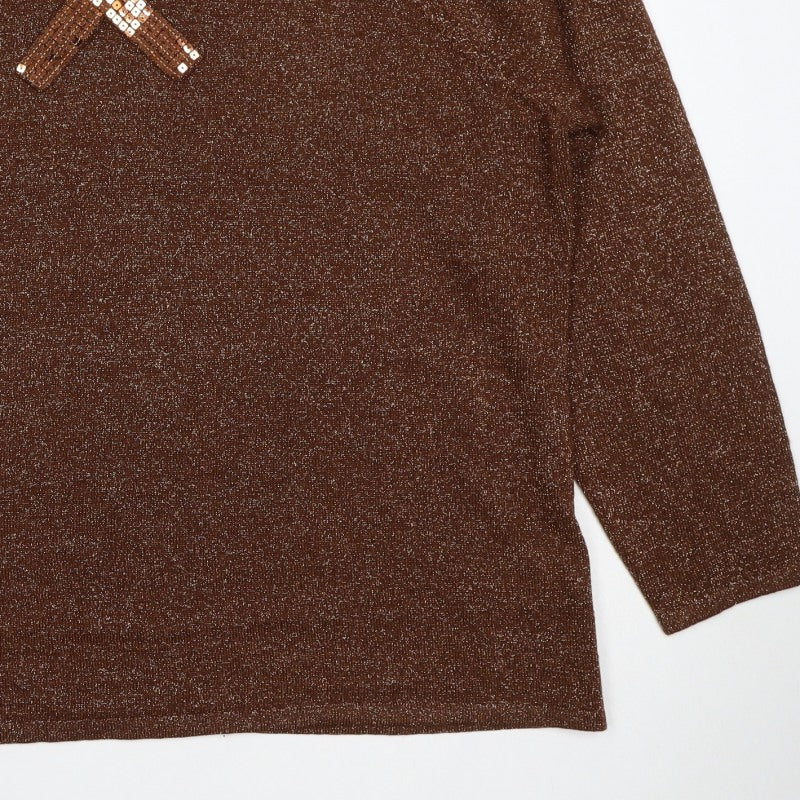 Bm Women’s Brown Metallic Sequin V-Neck Knit Jumper XL