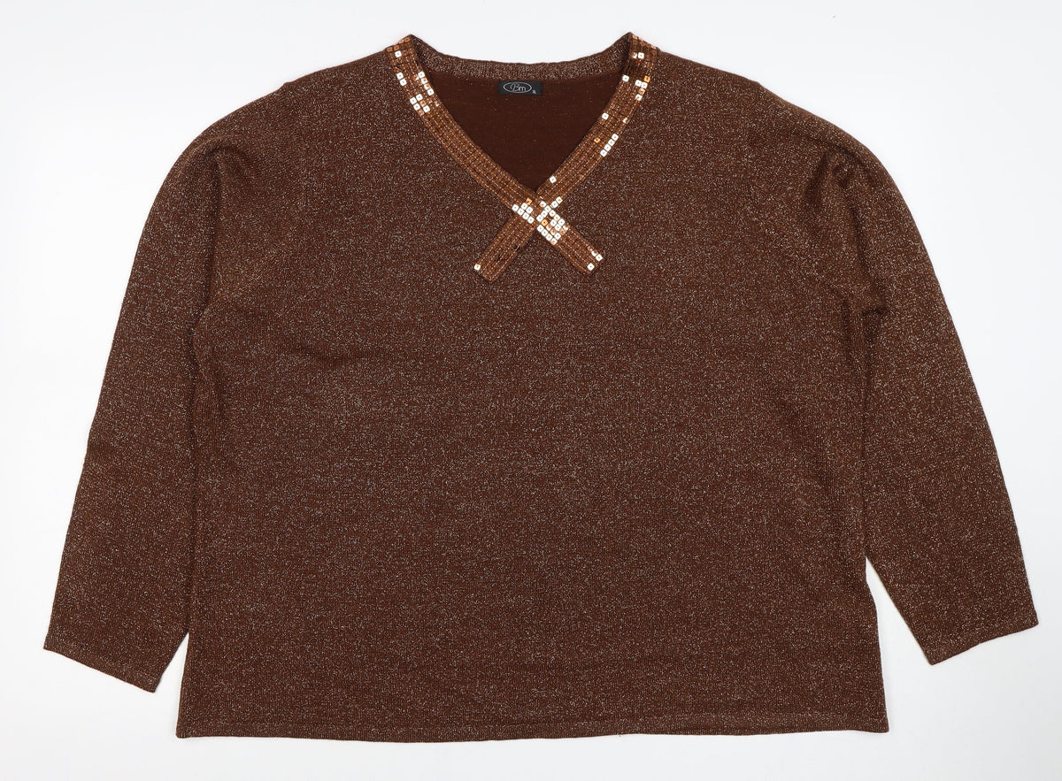 Bm Women’s Brown Metallic Sequin V-Neck Knit Jumper XL