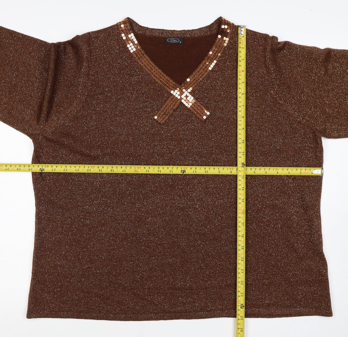 Bm Women’s Brown Metallic Sequin V-Neck Knit Jumper XL