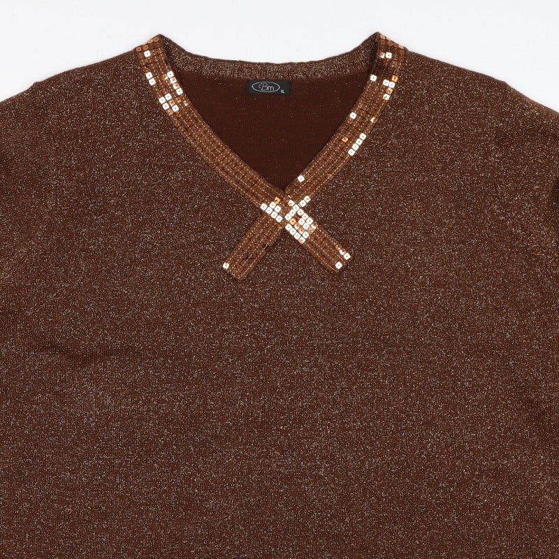 Bm Women’s Brown Metallic Sequin V-Neck Knit Jumper XL