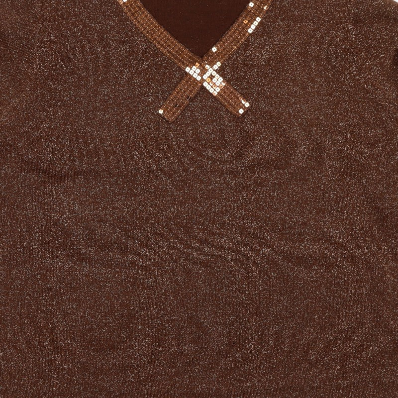 Bm Women’s Brown Metallic Sequin V-Neck Knit Jumper XL