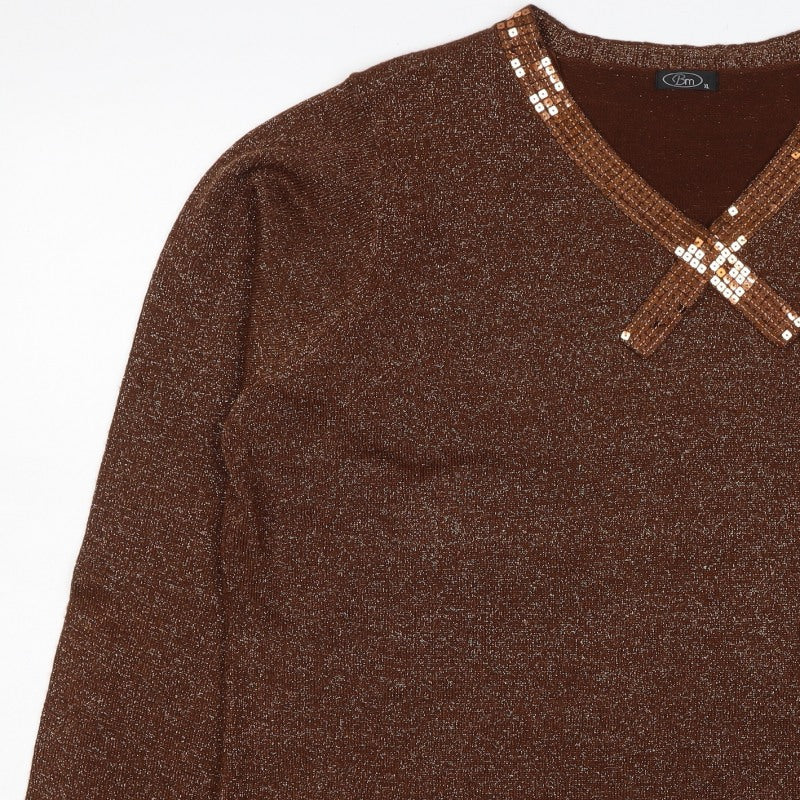 Bm Women’s Brown Metallic Sequin V-Neck Knit Jumper XL