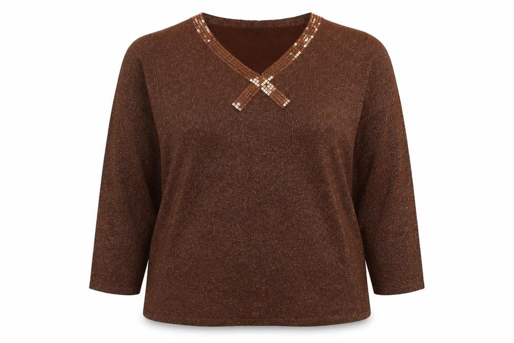 Bm Women’s Brown Metallic Sequin V-Neck Knit Jumper XL