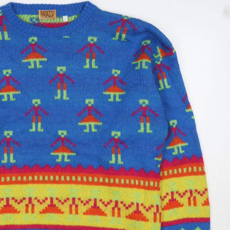 Ragazza Men’s Blue Small Geometric Knit Crew Neck Pullover Jumper