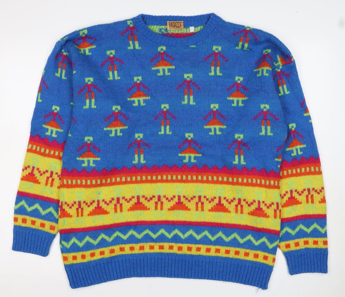 Ragazza Men’s Blue Small Geometric Knit Crew Neck Pullover Jumper
