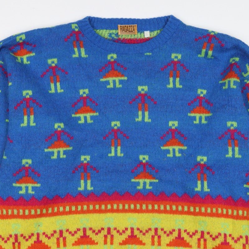 Ragazza Men’s Blue Small Geometric Knit Crew Neck Pullover Jumper