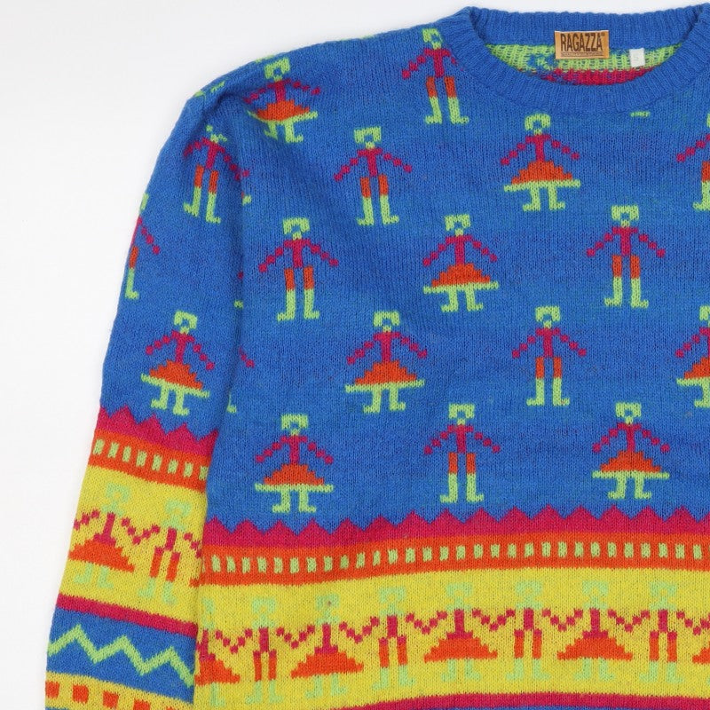 Ragazza Men’s Blue Small Geometric Knit Crew Neck Pullover Jumper
