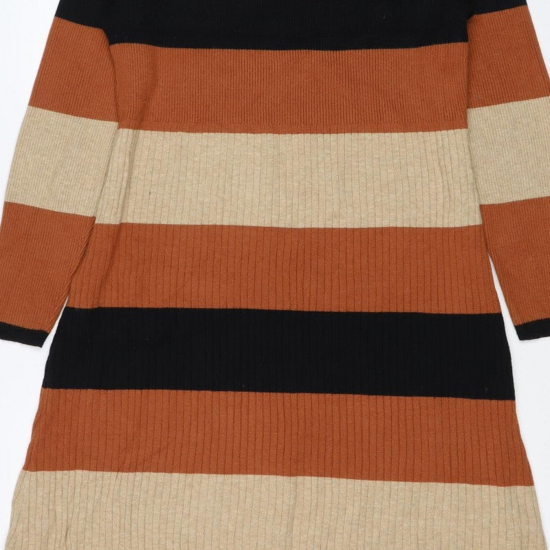 M&S Women Multicoloured XL Striped Roll Neck Knit Jumper Dress