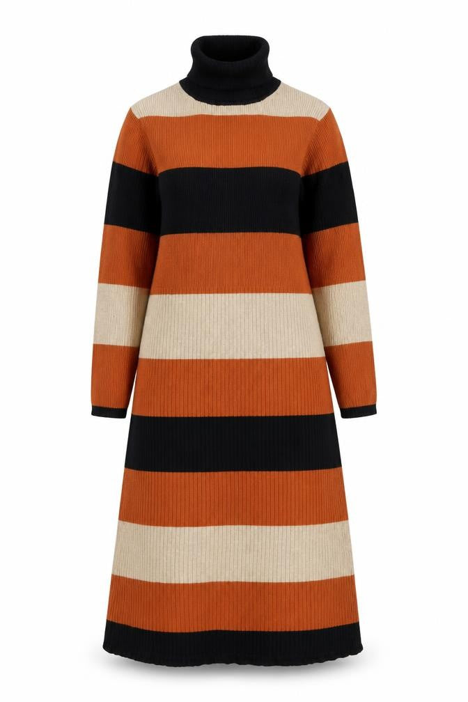 M&S Women Multicoloured XL Striped Roll Neck Knit Jumper Dress