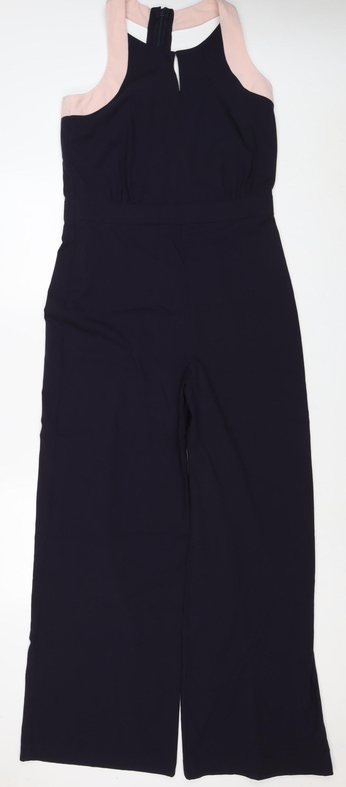 Next Women Black Pink Trim Wide Leg Belted Jumpsuit UK 12