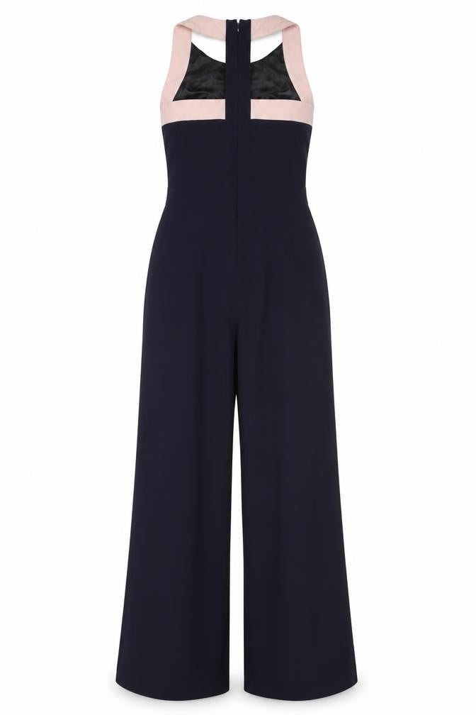 Next Women Black Pink Trim Wide Leg Belted Jumpsuit UK 12