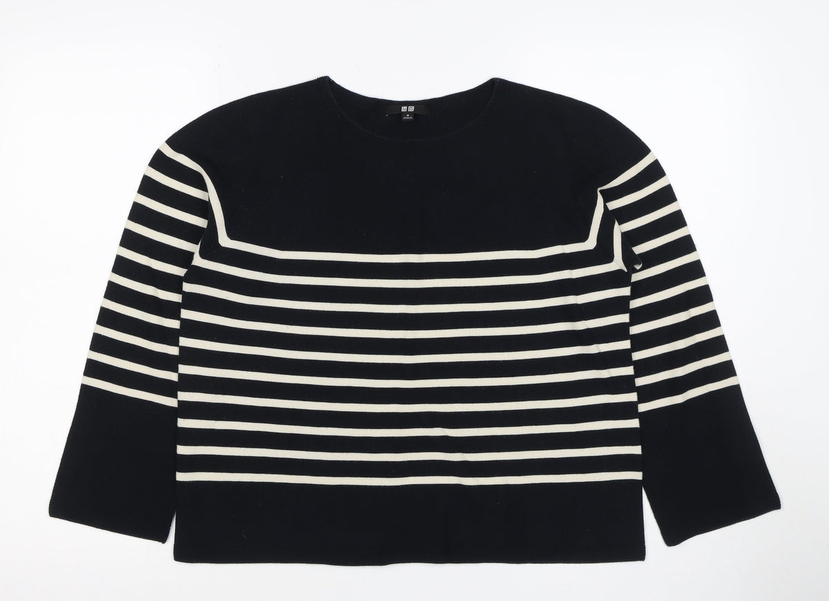 Uniqlo Women Black Ivory Stripe Long Sleeve Basic Cotton T-Shirt M