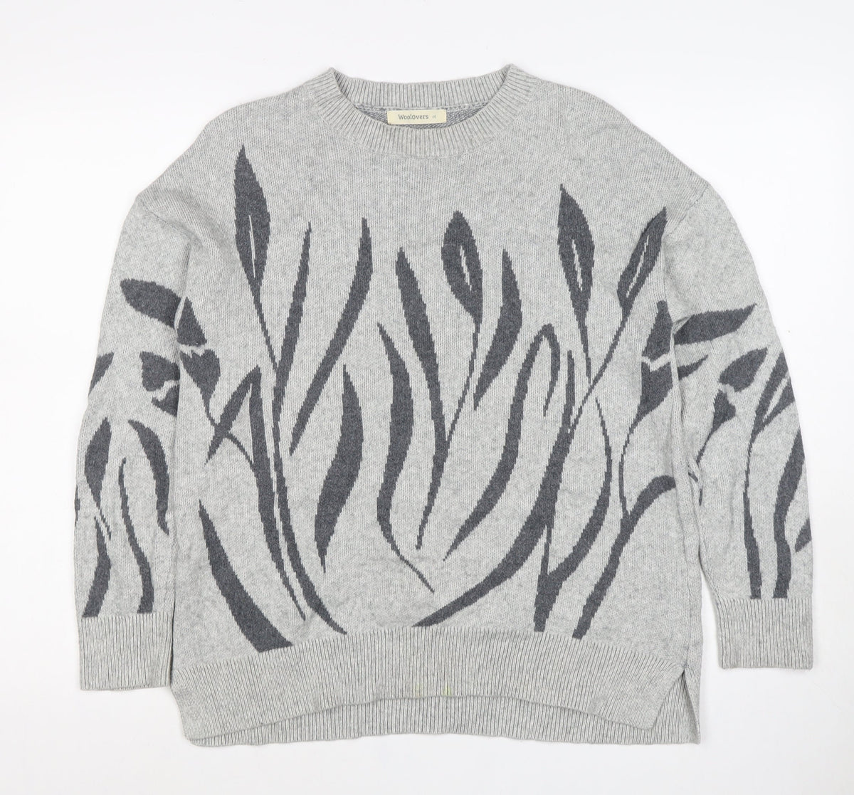 Woolovers Women Grey M Floral Cotton Knit Crew Neck Jumper