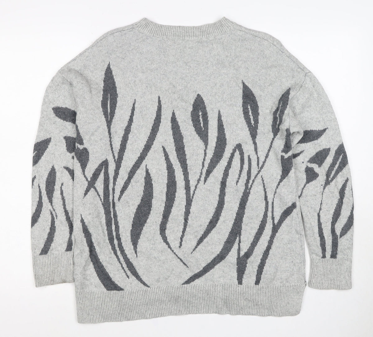 Woolovers Women Grey M Floral Cotton Knit Crew Neck Jumper