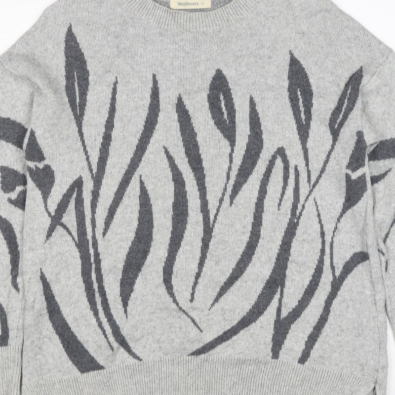 Woolovers Women Grey M Floral Cotton Knit Crew Neck Jumper