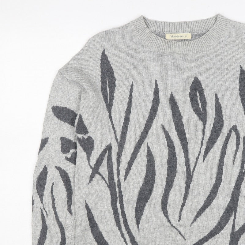 Woolovers Women Grey M Floral Cotton Knit Crew Neck Jumper